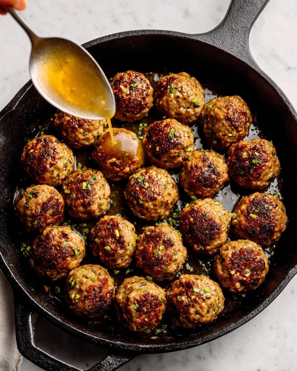 The image shows a black cast iron pan filled with twenty browned meatballs, arranged in a neat circular pattern. The meatballs have a crispy, golden-brown outer layer with small green herb bits visible on top. A woman's hand holds a spoon over the pan, drizzling a glossy, light brown sauce onto the meatballs. The pan sits on a white marbled surface, creating a clean and bright background. photo taken with an iphone --ar 4:5 --v 7