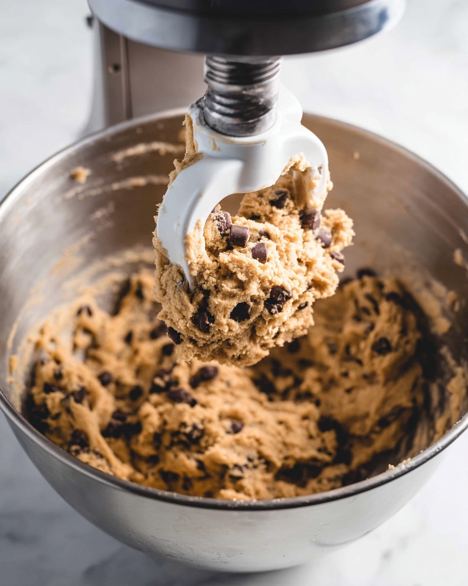 The image shows a close-up of a standing mixer with a metal bowl filled with light brown cookie dough mixed with small dark chocolate chips. The dough looks soft and chunky, densely packed around the white mixing attachment hanging in the center of the bowl. The mixer is set on a white marbled surface, and the background is softly out of focus, highlighting the texture of the cookie dough. Photo taken with an iphone --ar 4:5 --v 7