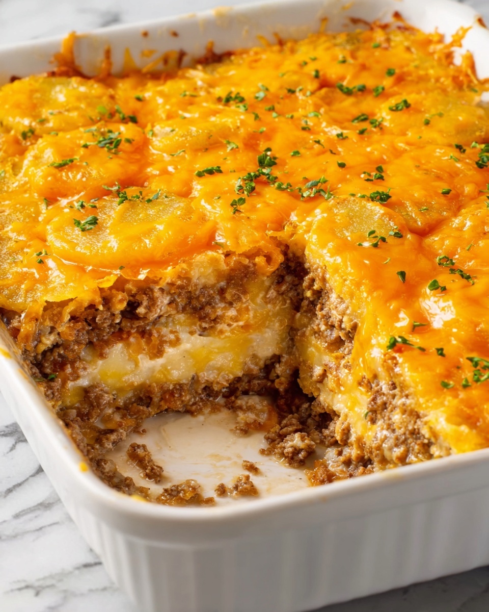 The image shows a white baking dish with a thick casserole inside, featuring three visible layers. The bottom layer is a light brown cooked ground meat mixed with finely chopped ingredients, appearing soft and crumbly. The middle layer is a mix of melted cheese and a creamy sauce that binds the layers together, with an orange-yellow color. The top layer is a rich, melted orange cheddar cheese, slightly bubbly and sprinkled with small green herbs. The casserole has a piece missing, revealing these layers clearly against the white marbled surface beneath the dish. Photo taken with an iphone --ar 4:5 --v 7
