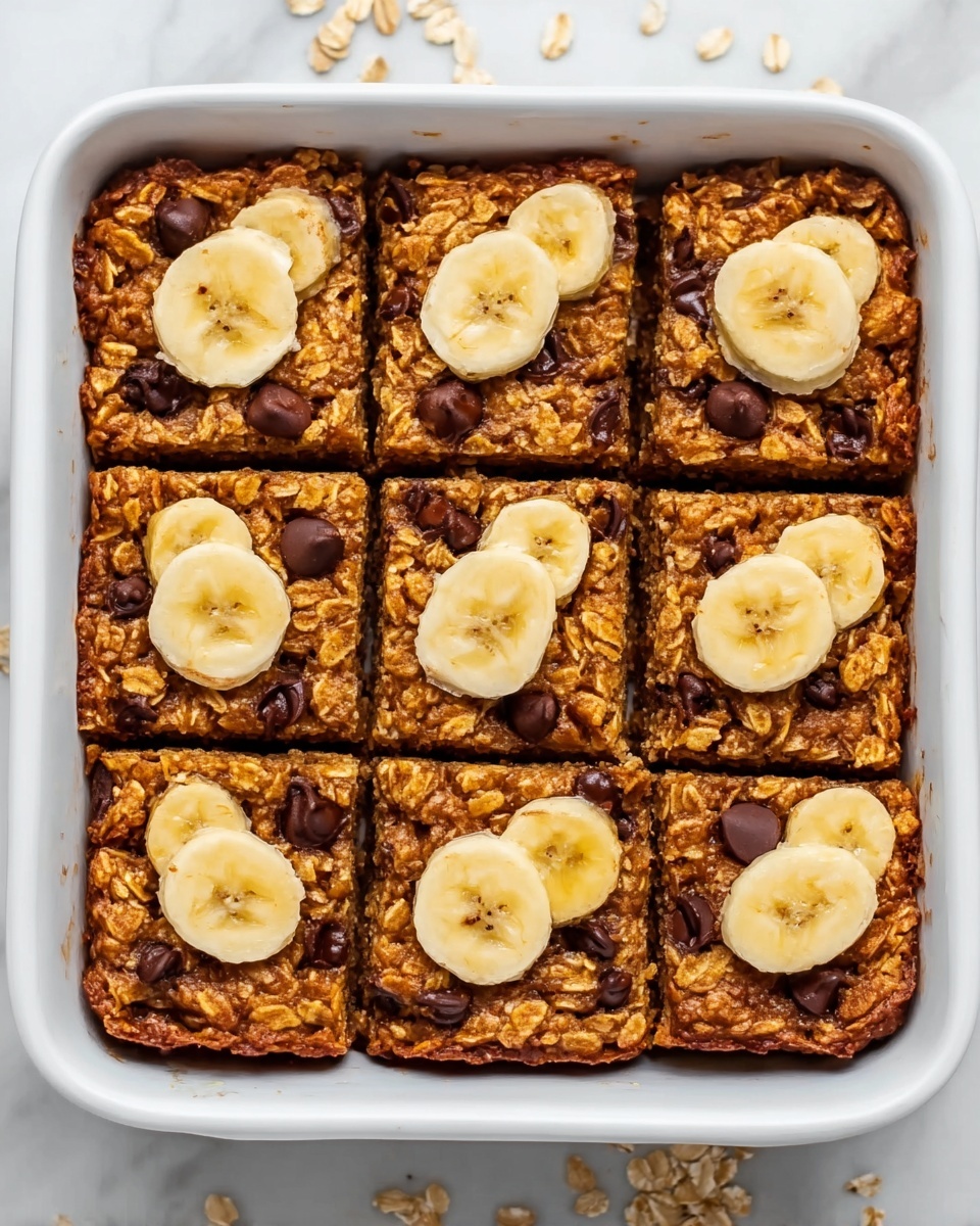A white rectangular baking dish filled with nine square oat bars, each topped with three circular banana slices arranged in the center. The oat bars are golden brown with a rough, textured surface and visible darker chocolate chips scattered throughout. The dish sits on a white marbled surface with small oat flakes around it. photo taken with an iphone --ar 4:5 --v 7