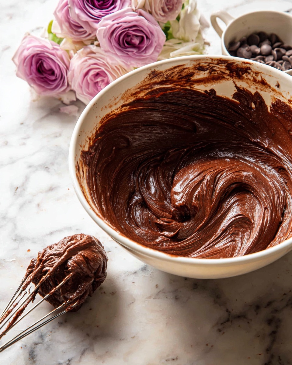 A white bowl filled with thick, smooth, dark brown chocolate batter is shown close up. The batter swirls rich and creamy inside the bowl, with some uneven smudges along the rim. Next to the bowl on a white marbled surface is a metal whisk covered in the same chocolate batter, resting with a large dollop clinging to it. In the background, there is a white cup holding chocolate chips and light purple roses, with more roses lying beside it. The scene is well lit, highlighting the shiny texture of the chocolate batter photo taken with an iphone --ar 4:5 --v 7