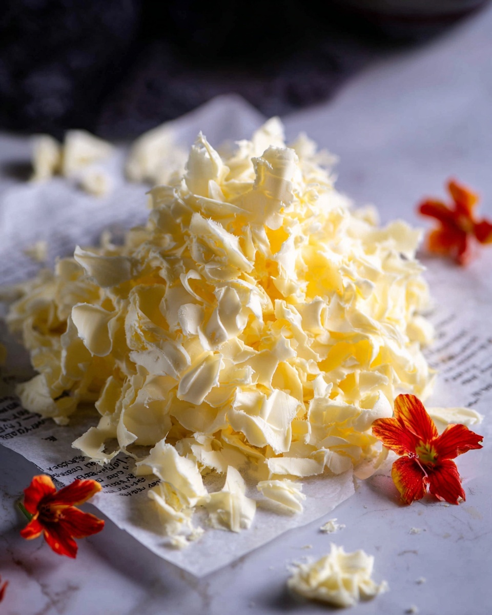 A pile of light yellow curls of shredded butter sits on a piece of white paper printed with text, placed on a white marbled surface. The butter curls have a soft, smooth texture that adds a fluffy and delicate look to the pile, with some curls spilling slightly over the base. Around the butter, two small red flowers with yellow centers add a bright contrast to the otherwise pale colors. Photo taken with an iphone --ar 4:5 --v 7