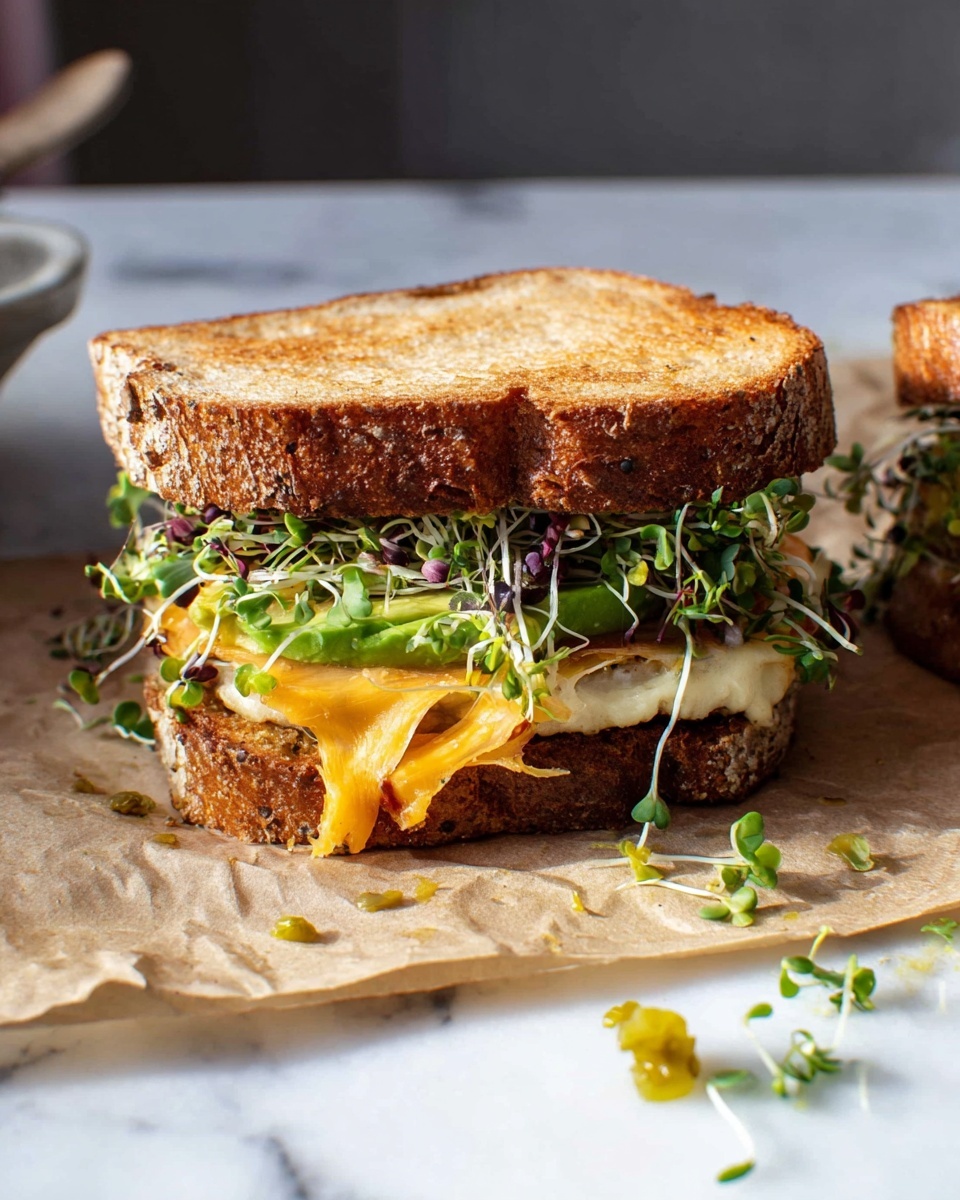 A sandwich with two toasted slices of brown bread with a golden crust forms the top and bottom layers. Between the bread, there is a thick white grilled patty as the base layer, topped with a mix of fresh green sprouts and slices of avocado. Above the greens, there is a layer of melted orange cheese that is slightly stretching out from the sandwich edges. The sandwich sits on light brown parchment paper on a white marbled surface, with a few spilled pieces of green pickled pepper and some sauce drops around it. Photo taken with an iphone --ar 4:5 --v 7