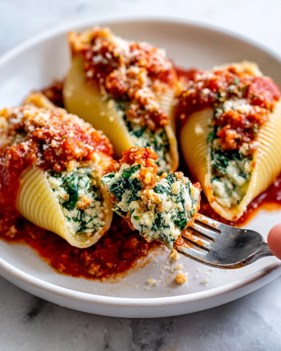 A white plate holds three large pasta shells filled with a creamy white and green spinach mixture, topped with chunky red tomato sauce and small bits of chewy textured protein. The tomato sauce looks thick and rich, sprinkled with small pieces of grated cheese. A woman's hand is holding a fork near the plate. The plate sits on a surface with white marble texture. The scene shows close details of the filling and sauce layers. photo taken with an iphone --ar 4:5 --v 7