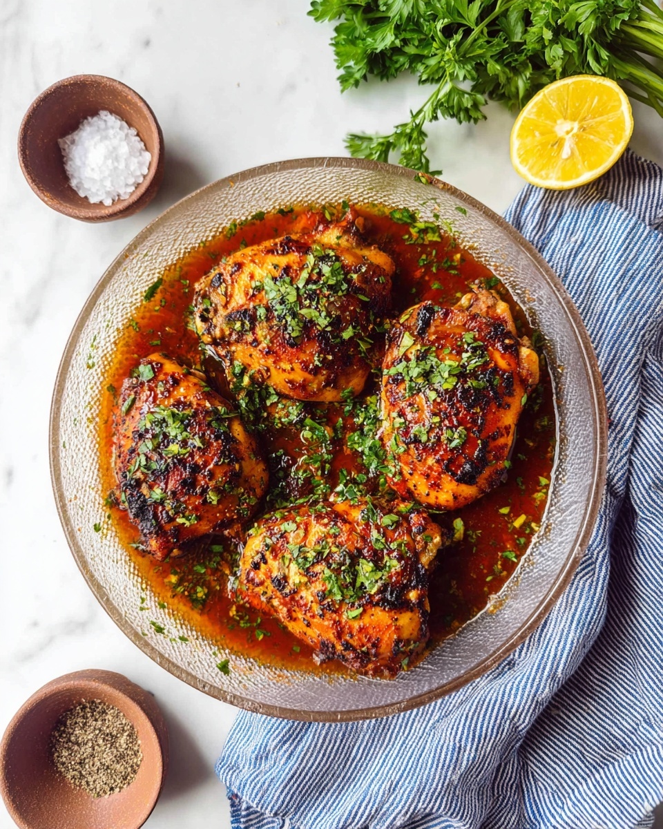 The image shows four browned chicken pieces in a clear textured round dish, soaked in a reddish-brown sauce. The chicken pieces have nicely charred spots and are sprinkled with fresh green chopped herbs. The dish sits on a white marbled surface with a blue and white striped cloth beneath it. At the top right corner, there is a half lemon and some fresh green parsley visible. At the bottom left, there are two small round clay bowls, one with salt and the other with pepper. Photo taken with an iphone --ar 4:5 --v 7