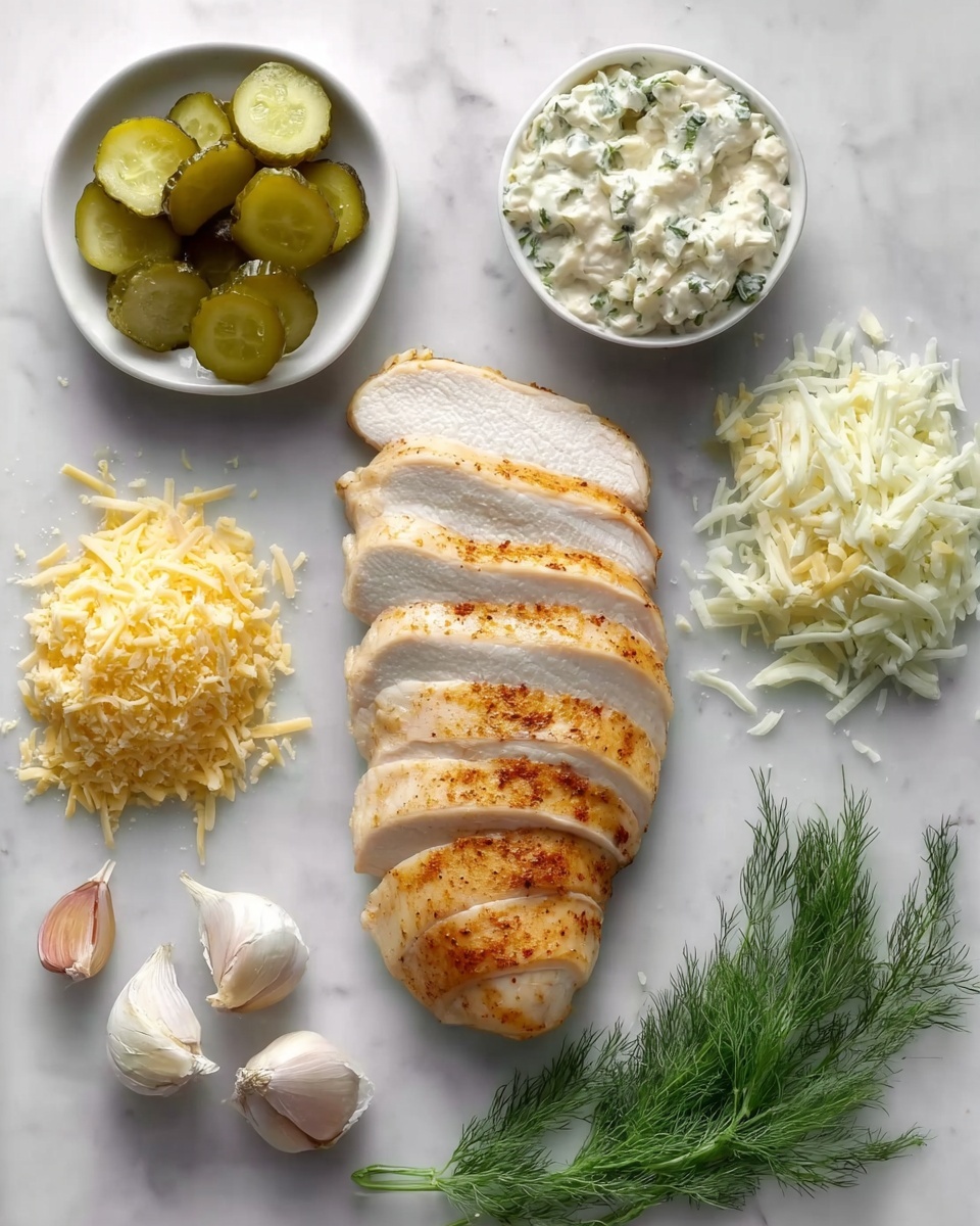 The image shows a sliced cooked white chicken breast placed in the center on a white marbled surface. The chicken has a light golden brown outside and a smooth white inside, with six even slices arranged closely. To the left of the chicken, there are small pickle slices with a green color and slightly bumpy texture. Above the chicken, there is a small white bowl filled with a creamy white sauce mixed with green herbs. Next to the bowl is a small pile of grated yellow cheese. Below the chicken, three whole garlic cloves and sprigs of fresh dill with fine green leaves are scattered. To the right of the chicken, there is a small white bowl with shredded white cheese and more pickle slices, along with extra dill sprigs nearby. The whole setup is on a clean white marbled background. Photo taken with an iphone --ar 4:5 --v 7