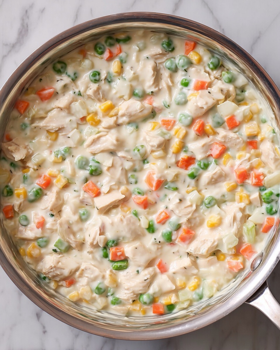 This image shows a close-up of a stainless steel pan filled with a creamy mixture that has multiple layers of small, diced ingredients. The base layer is a thick, white sauce that covers the entire inside of the pan. Within the sauce, there are visible chunks of white meat pieces scattered evenly throughout. Bright green peas, orange carrot cubes, yellow corn kernels, and small bits of light green celery are mixed in evenly, adding color contrast against the creamy white sauce. The dish looks soft with a smooth texture and the colors are vibrant and fresh. The background is a white marbled texture. Photo taken with an iphone --ar 4:5 --v 7
