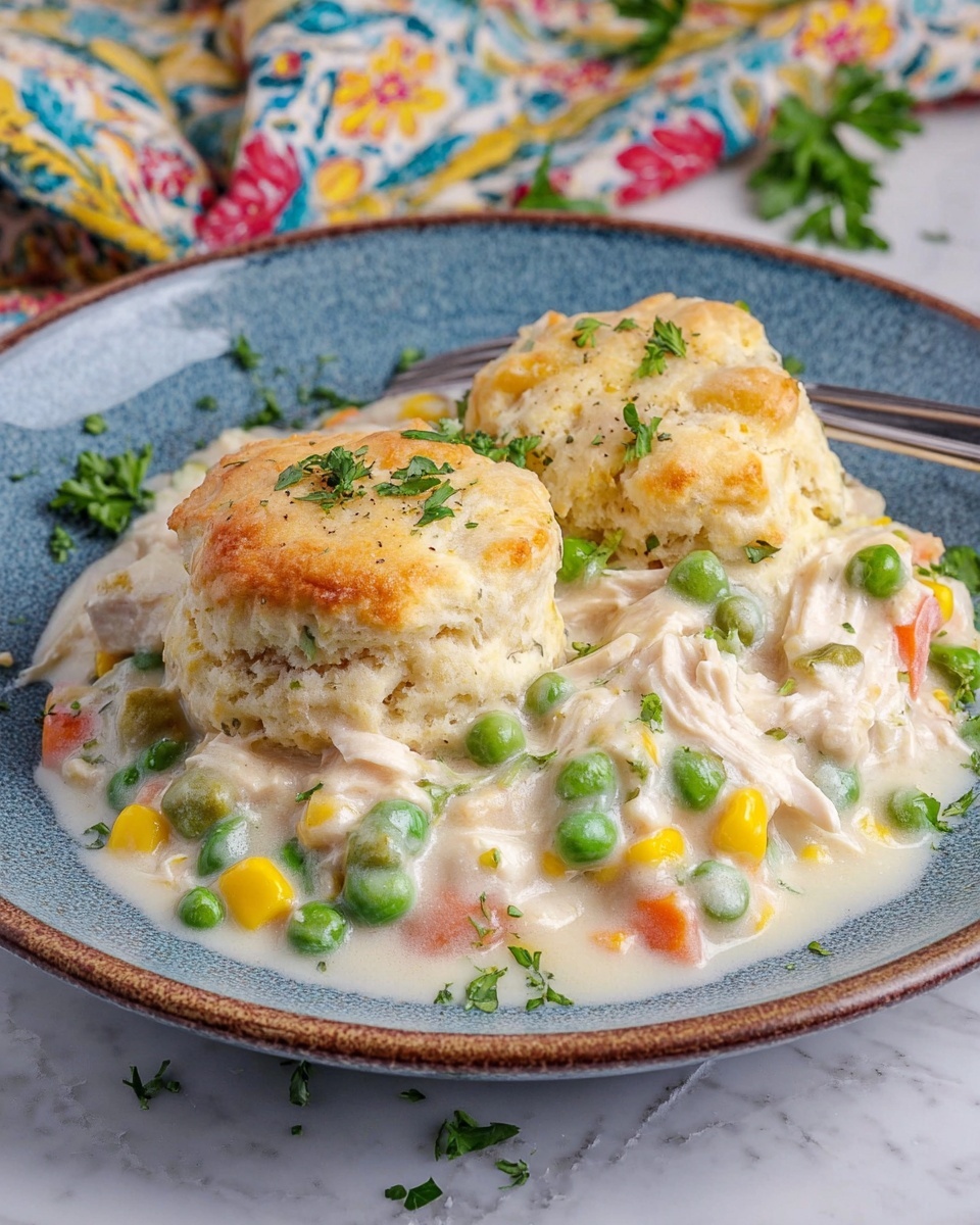 The dish shows two golden-brown biscuit tops sitting on a creamy mixture of white sauce filled with soft pieces of light beige chicken, green peas, bright yellow corn, and small orange carrot bits. The creamy base looks thick and smooth, spread evenly on the bottom of a white plate with a slightly rough texture. Fresh green parsley pieces are scattered on top, adding color contrast. The plate rests on a white marbled surface with a colorful floral cloth nearby. photo taken with an iphone --ar 4:5 --v 7