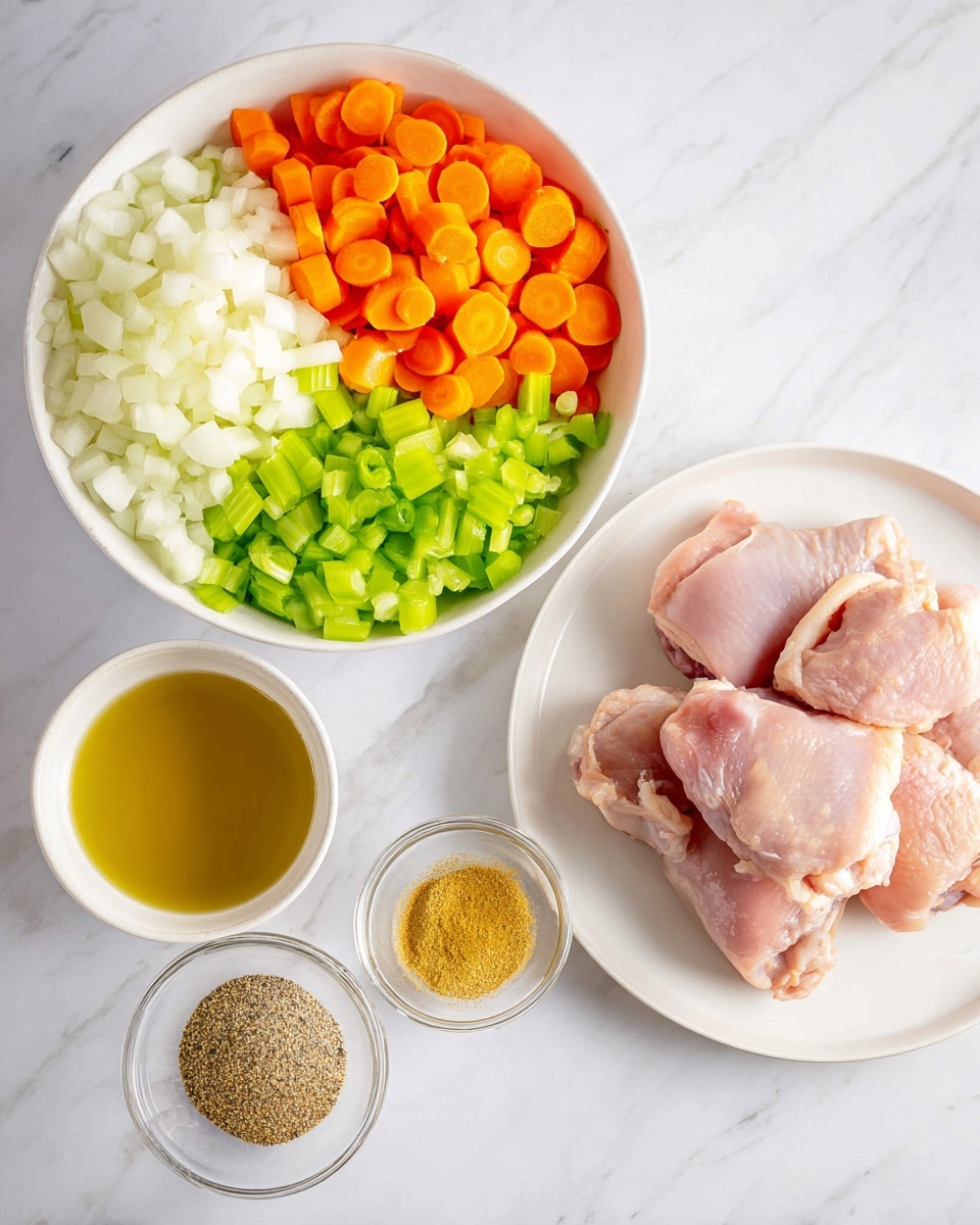 The image shows several ingredients neatly arranged on a white marbled surface. On the left, there is a white bowl divided into three sections filled with chopped white onions, bright green celery, and sliced orange carrots. To the right, on a white plate, there are raw pink chicken thighs stacked together. Below the plate are three small white or clear bowls: one contains golden-yellow oil, another has a light brown powder, and the smallest bowl holds a mixture of black pepper, white salt, and a yellowish spice. The clean and bright setup highlights the fresh ingredients with soft natural light. Photo taken with an iphone --ar 4:5 --v 7