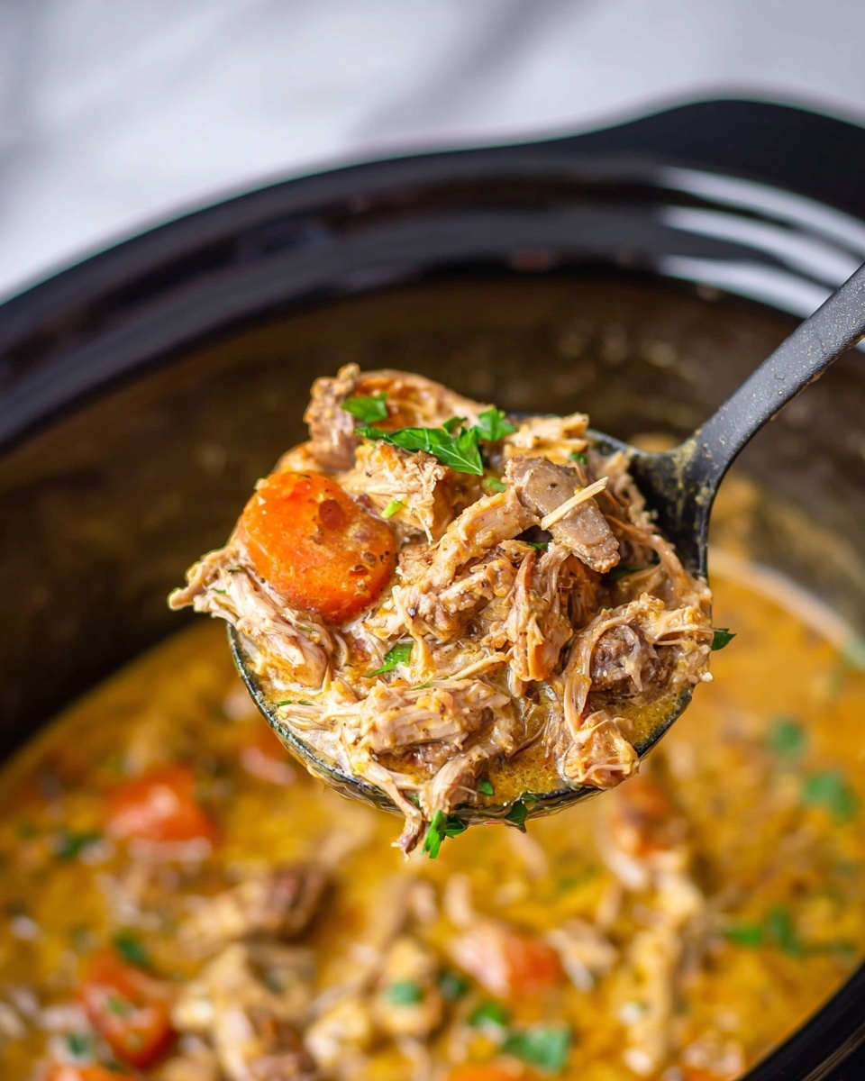 The image shows a close-up of a black ladle holding a thick stew with shredded light brown meat, bright orange carrot slices, and small green parsley leaves, all mixed in a creamy golden sauce with visible texture. The background features a slow cooker filled with more of the same stew, with slightly blurred pieces of meat and carrots in the sauce. The setup is on a white marbled surface, and the focus is on the ladle's contents, highlighting the rich and hearty nature of the dish. photo taken with an iphone --ar 4:5 --v 7
