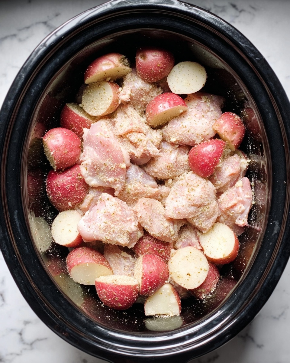 The image shows a black slow cooker filled with raw chicken pieces and small red potato halves. The chicken is pale pink with a rough texture, layered evenly across the cooker’s bottom and sides. The red potatoes are spread among the chicken, some resting on top, their smooth skin and cream-colored inner flesh visible. A light sprinkle of beige seasoning covers the chicken and potatoes, creating a slightly grainy look. The slow cooker sits on a white marbled surface. Photo taken with an iphone --ar 4:5 --v 7