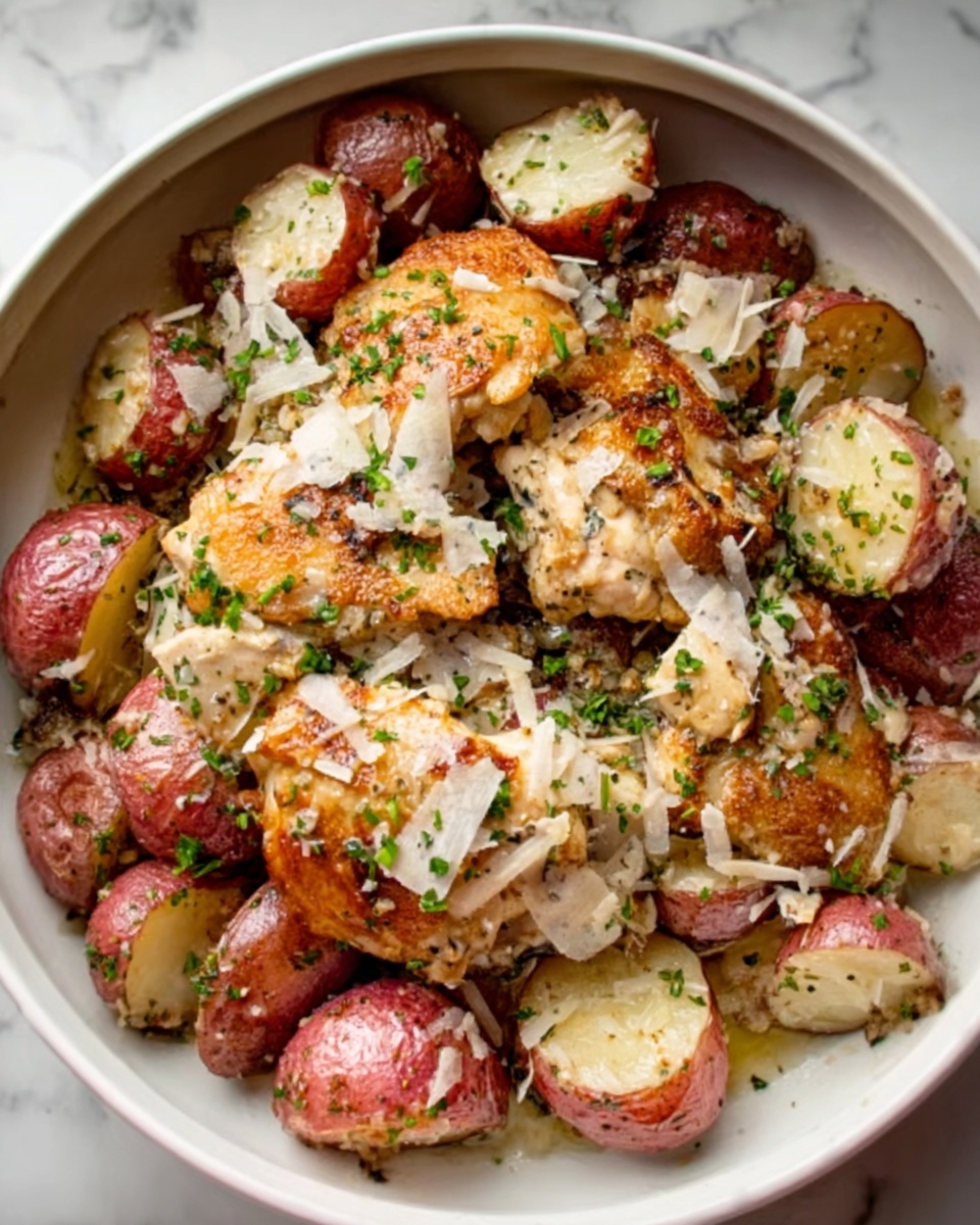 The image shows a deep white bowl filled with a dish made of golden brown cooked chicken pieces placed on top. Around the chicken are many halved red potatoes with their skin on, showing their soft white insides. The dish is sprinkled with small green herbs and thin white cheese shavings scattered evenly across the top. The chicken skin looks crispy and has a warm brown color, while the potatoes have a rough texture with a mix of red and pale colors. The whole dish sits on a white marbled surface. Photo taken with an iphone --ar 4:5 --v 7