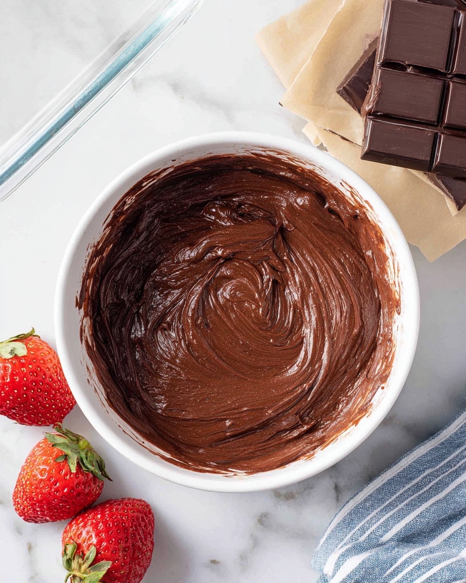 A white bowl filled with smooth, dark brown chocolate batter, showing thick swirls and creamy texture inside, with some batter smeared along the edges of the bowl; next to it are two fresh, bright red strawberries with green leaves on a white marbled surface, along with a few pieces of dark chocolate bars stacked on two light beige wrappers; a corner of a clear glass baking dish is visible at the top left, and a blue-striped cloth lies partially in the lower right corner. Photo taken with an iphone --ar 4:5 --v 7