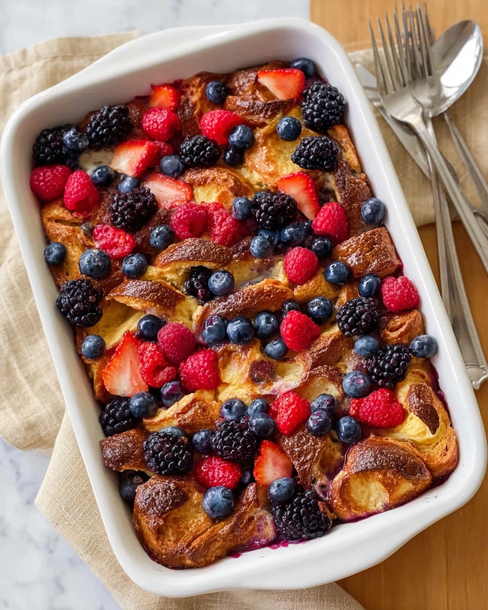 A white rectangular baking dish filled with a baked dessert made of uneven golden brown bread layers, slightly puffed and crisped on top. The bread is scattered with fresh mixed berries including whole and halved strawberries, raspberries, blueberries, and blackberries, giving a mix of red, deep blue, and black colors randomly spread over the surface. The dish is placed on a white marbled texture with a soft beige cloth nearby and two silver forks resting on the side. photo taken with an iphone --ar 4:5 --v 7