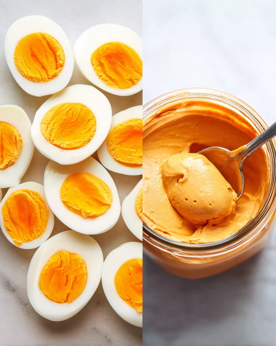 The image shows two pictures side by side on a white marbled surface. On the left, there are many half pieces of boiled eggs arranged neatly, showing smooth white layers outside and bright orange yolks inside. On the right, an open jar filled with smooth, creamy orange spread is shown, with a spoon scooping some of it. The jar is clear, and the smooth texture of the spread contrasts with the solid eggs. Photo taken with an iphone --ar 4:5 --v 7
