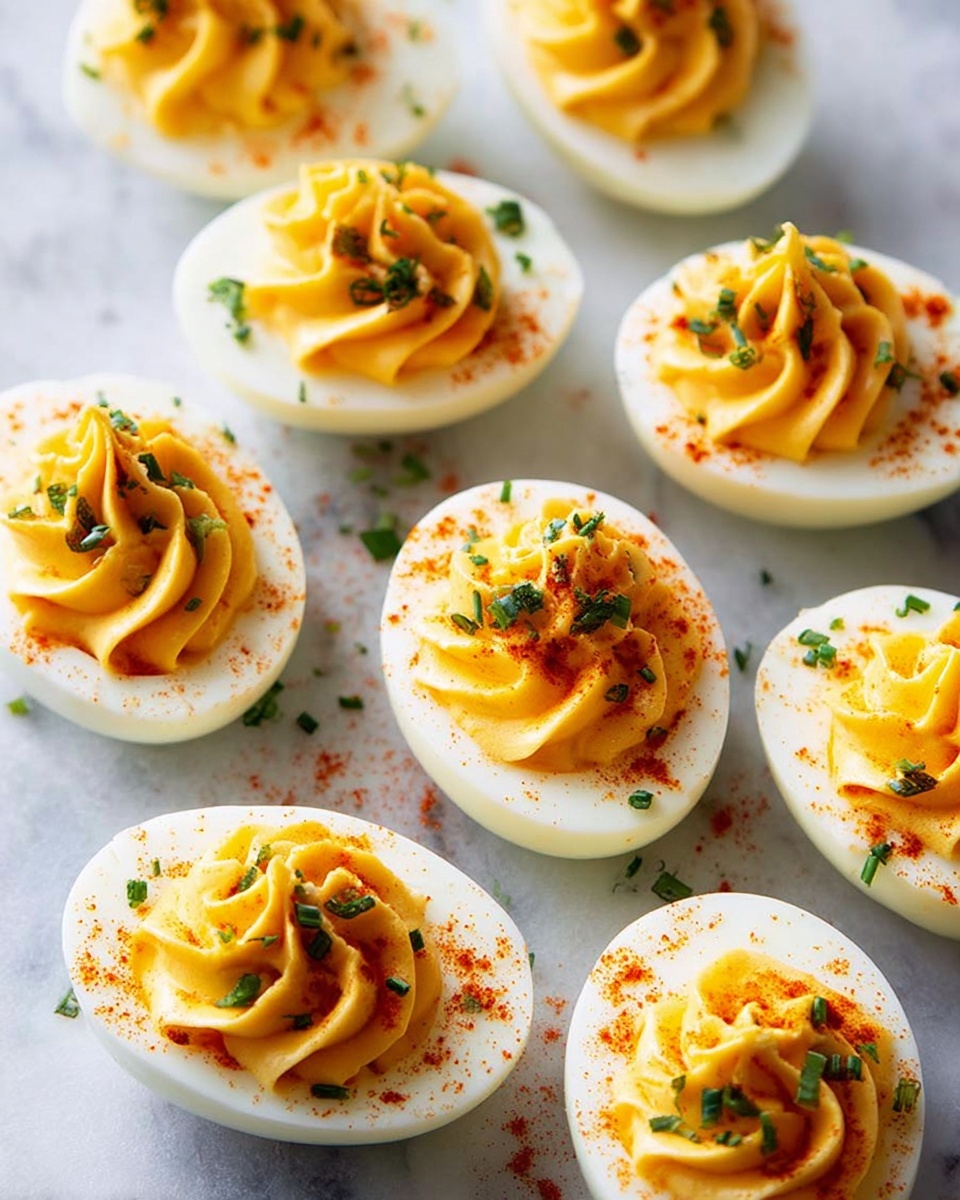 A group of halved boiled eggs arranged on a white marbled surface, each egg showing a smooth white outer layer and topped with a bright yellow creamy filling swirled in a rosette shape. The creamy filling has a soft, smooth texture with a gentle peak in the center. On top of each swirl, small chopped green herbs and a sprinkle of reddish-orange spice are scattered, adding contrast in color and texture. The eggs are neatly spaced without overlapping, creating a clean and organized appearance. photo taken with an iphone --ar 4:5 --v 7
