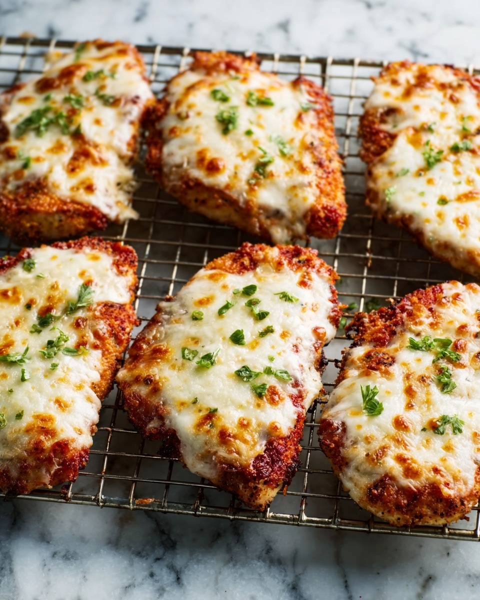 The image shows six pieces of baked chicken topped with melted cheese and small green herbs, arranged on a metal wire rack. Each chicken piece has a golden-brown crust visible beneath the thick layer of bubbly, melted white cheese with some browned spots. The green herbs scattered on top add a pop of color, and the wire rack sits on a white marbled surface. The lighting highlights the texture of the cheese and the crispy edges of the chicken. Photo taken with an iphone --ar 4:5 --v 7