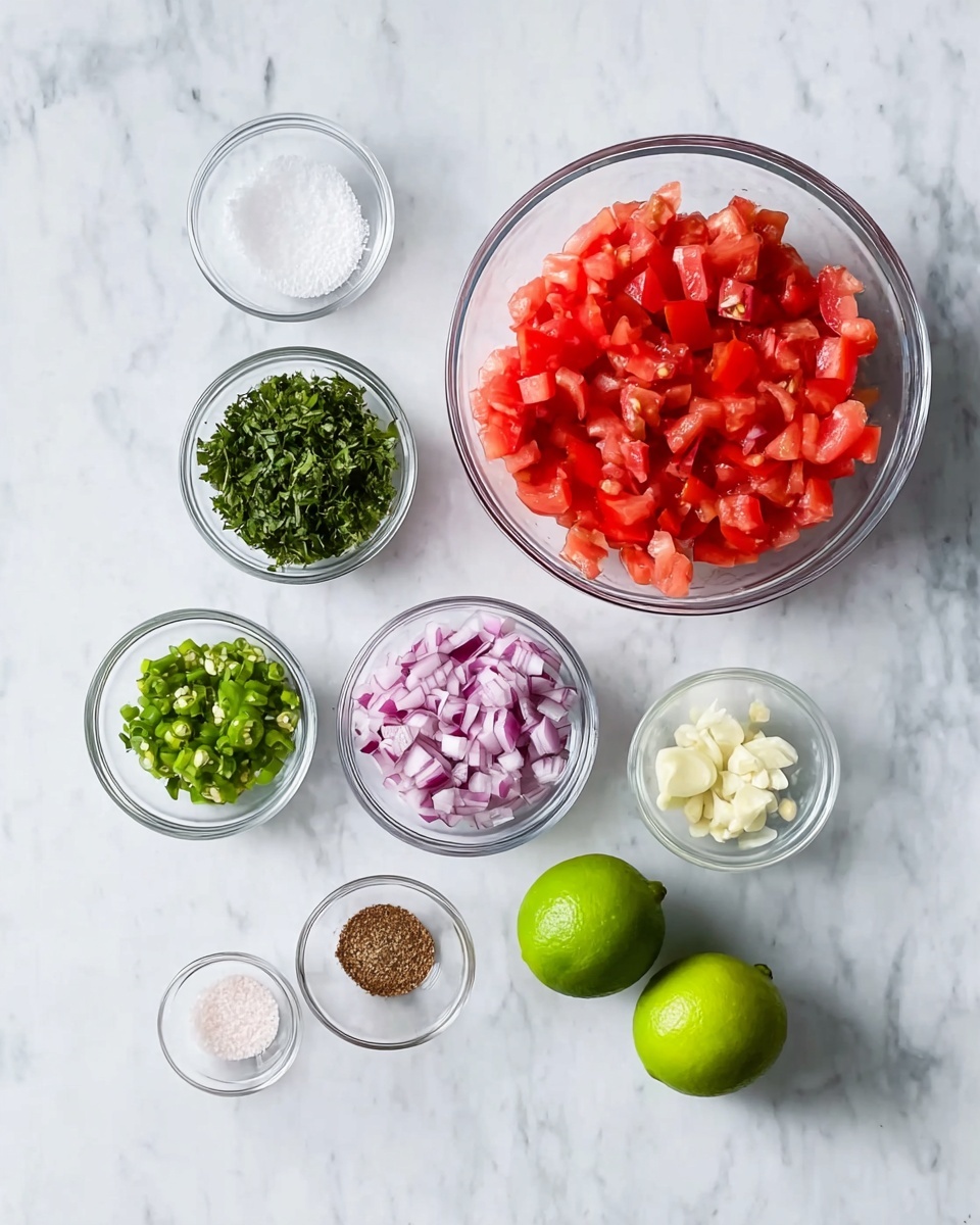 The image shows several small clear glass bowls placed on a white marbled surface. The largest bowl is filled with many small pieces of bright red tomato, positioned in the top right. Below it, a medium clear bowl holds finely chopped purple-red onion pieces. On the left side, there are three smaller bowls arranged vertically: the top contains roughly chopped green herbs, the middle contains small chopped green chili peppers, and the bottom has a fine white powder, likely salt. There are two very small bowls as well; one with finely minced white garlic and the other with a small amount of brown spice powder. To the right of the bowls sit two whole green limes, one halved to show the inside. photo taken with an iphone --ar 4:5 --v 7