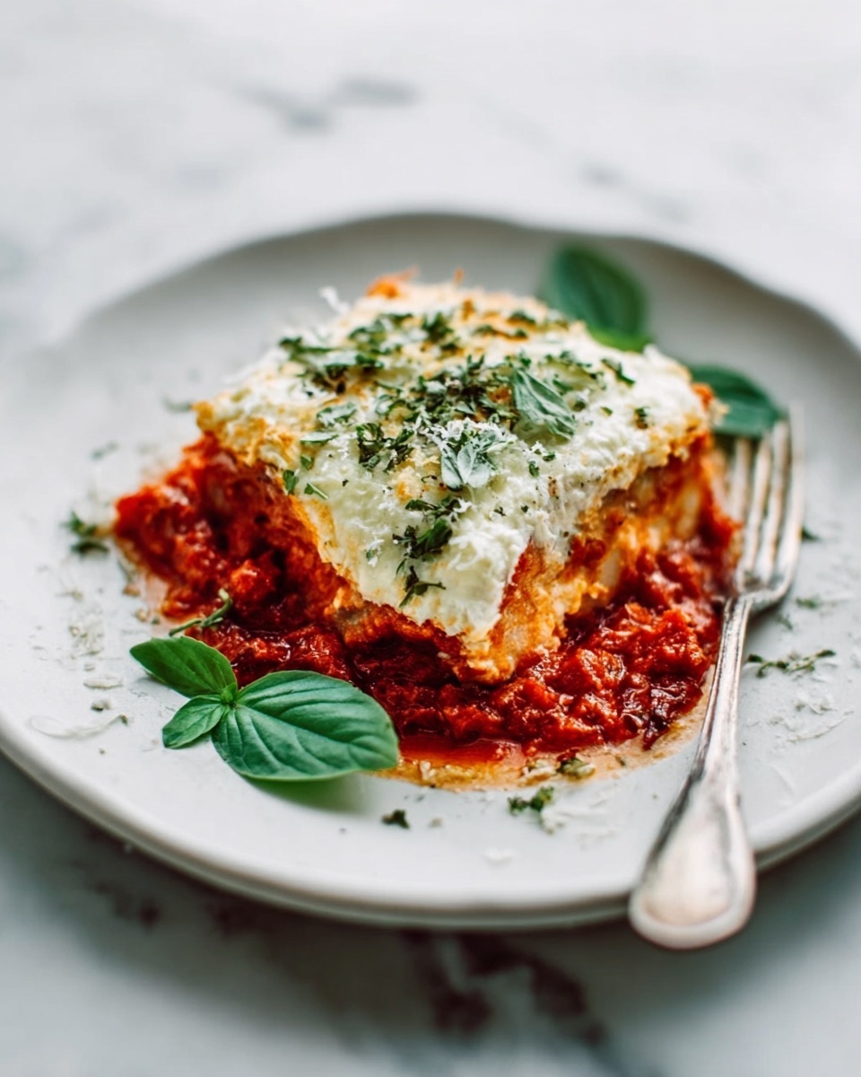 A white plate with three layers of food sits on a white marbled surface. The bottom layer is a rich red tomato sauce with a chunky texture. On top of the sauce is a thick, creamy white layer that looks soft and smooth. The top layer is sprinkled with green herbs and finely grated cheese. Two fresh green leaves rest on the edge of the plate, adding color. A silver fork lies to the right side of the plate. photo taken with an iphone --ar 4:5 --v 7