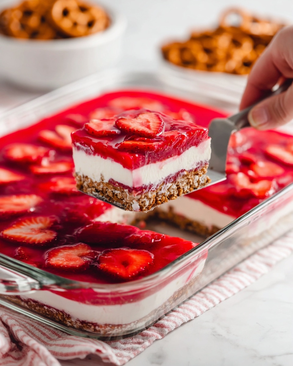 A square piece of strawberry dessert is being lifted by a woman's hand holding a silver spatula above a clear glass baking dish on a white marbled surface. The dessert has three layers: the bottom layer looks like a brown crumbly nut and cereal mix, the middle layer is white and creamy, and the top layer is a shiny red strawberry jelly with sliced fresh strawberries embedded inside. The rest of the dessert in the baking dish shows the same three layers topped with many red strawberry slices in jelly. In the background, there is a white bowl filled with pretzels. Photo taken with an iphone --ar 4:5 --v 7