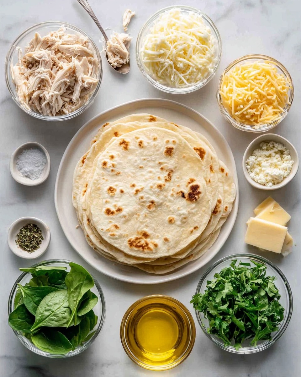 A white round plate with a stack of soft tortillas in the center, light beige in color with some darker spots. Around the plate, there are small clear bowls filled with different ingredients: shredded light brown cooked chicken, bright green fresh spinach leaves, white crumbly cheese, shredded light yellow cheese, chopped green herbs, a few slices of pale yellow butter, a small bowl of golden olive oil, plus a tiny bowl with salt and pepper. The whole setup is on a white marbled surface, and there is a woman's hand holding a small spoon near the bowls. Photo taken with an iphone --ar 4:5 --v 7