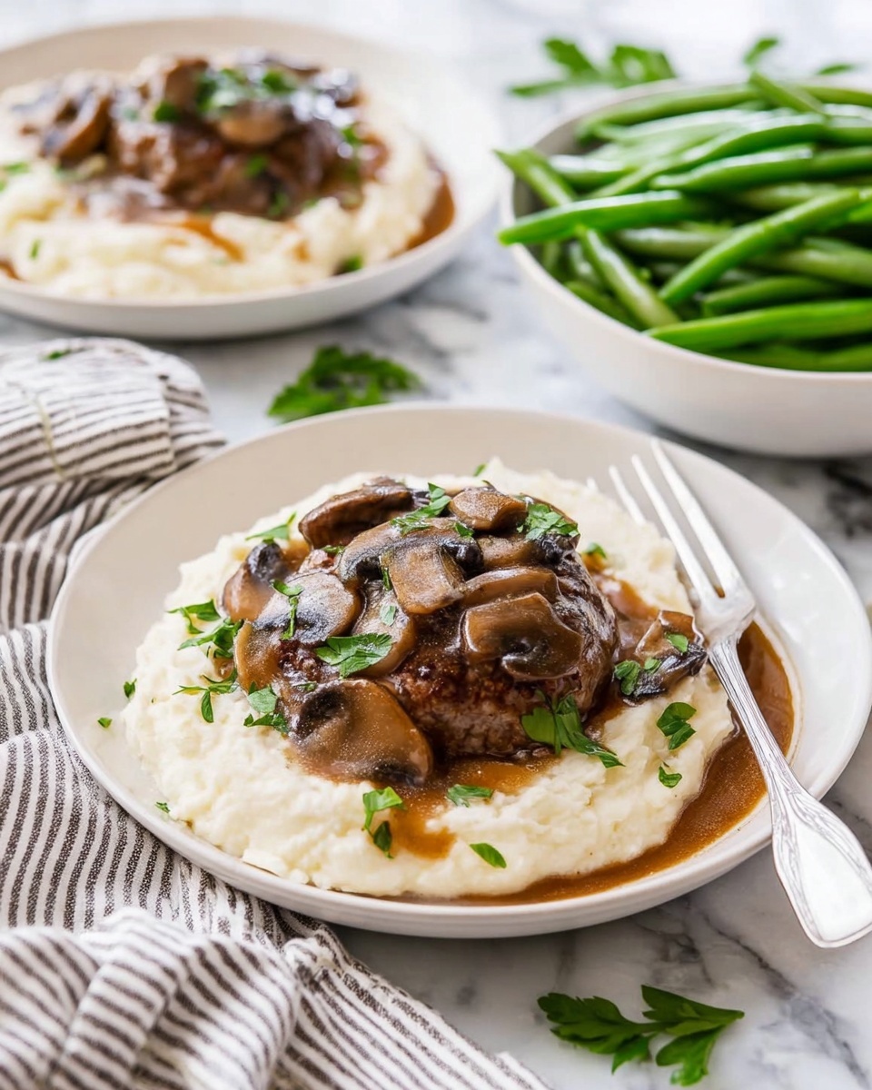 A white plate holds three layers: a smooth, creamy white base of mashed potatoes, topped with a brown hamburger patty covered in a dark brown mushroom gravy with sliced mushrooms and garnished with fresh green parsley pieces. A silver fork rests on the right side of the plate. In the background, another similar plate with mashed potatoes and meat is slightly out of focus, and to the right, a white bowl is filled with bright green steamed green beans. The entire scene is set on a white marbled surface with a striped cloth napkin partially visible on the left side. Photo taken with an iphone --ar 4:5 --v 7