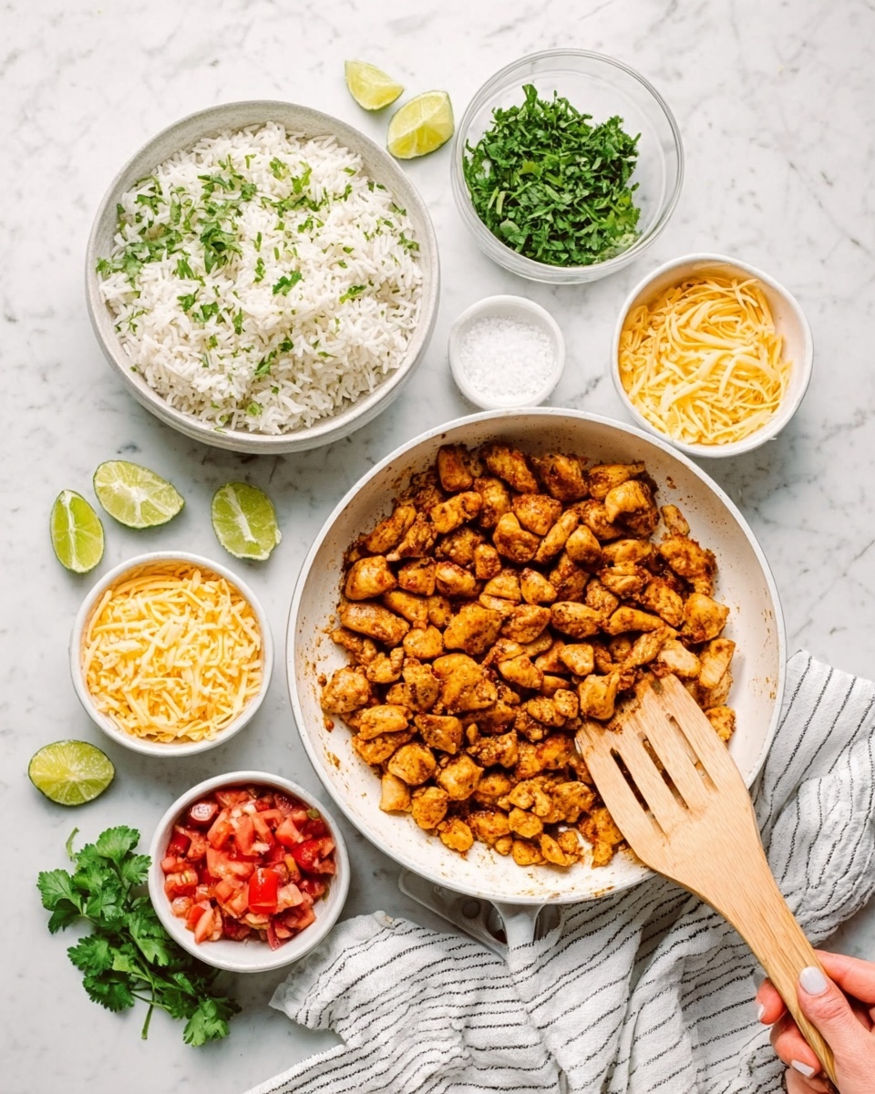 A white pan filled with cooked small pieces of golden-brown chicken mixed with spices, with a wooden spatula resting on the side being held by a woman's hand. To the left, a white bowl holds white rice mixed with green herbs and garnished with a lime wedge. Below the pan, there are four small white bowls arranged in a row, containing finely chopped tomatoes, grated yellow cheese, sliced green herbs, and salt. Fresh green herbs and lime wedges rest nearby on a white cloth with grey stripes, all placed on a white marbled surface. Photo taken with an iphone --ar 4:5 --v 7