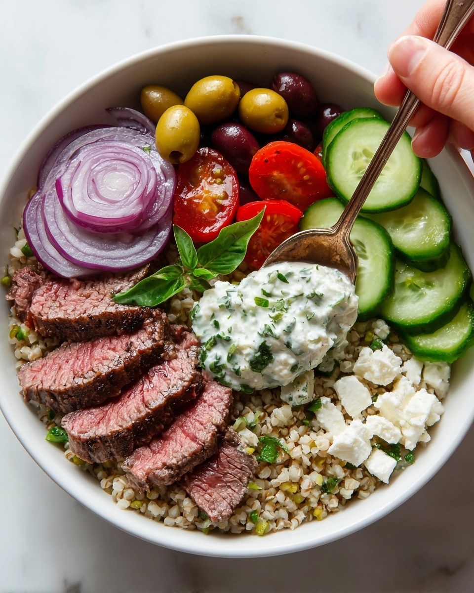 A white bowl filled with a layered dish starting with a base of light brown cooked grains. On top, there are five to six slices of medium-rare steak with a pink center and seared edges, placed slightly overlapping. To the left, thin rings of purple-red onion are arranged neatly. On the top side of the bowl, there are a mix of green and brown olives, with halved bright red cherry tomatoes next to them. Fresh green basil leaves add a pop of color near the olives. To the right, there is a scoop of white creamy yogurt sauce with green herbs mixed in, being held by a spoon by a woman's hand coming from the top right. Below the spoon, there are several slices of green cucumber laid in a row and some white crumbled cheese. The dish is all placed on a white marbled surface. Photo taken with an iphone --ar 4:5 --v 7