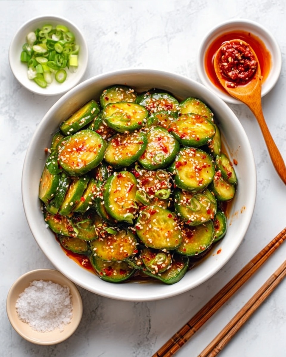 A white bowl filled with sliced cucumbers coated in a shiny, spicy red sauce, topped with white sesame seeds and small red chili flakes. Around the bowl are three small white dishes: one with finely chopped green onions, one with a wooden spoon resting in a bright red chili paste sauce, and one with coarse white salt. The scene is set on a white marbled surface with two pairs of wooden chopsticks nearby. The colors include green from the cucumbers and onions, red from the sauce and chili paste, white from the bowl and dishes, and natural brown hues from the chopsticks and wooden spoon, photo taken with an iphone --ar 4:5 --v 7
