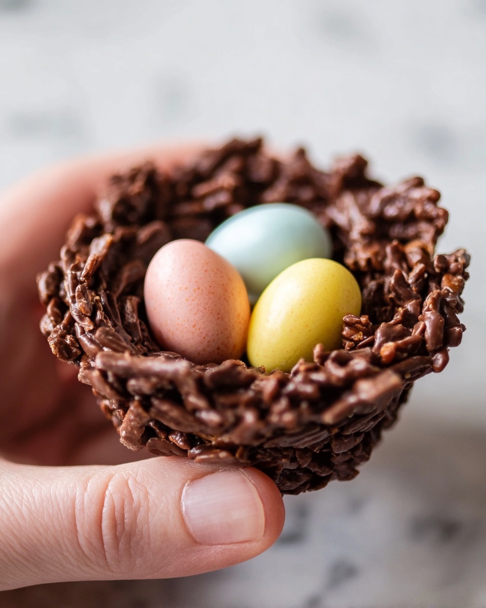 A close-up shows a woman's hand holding a small nest-shaped dessert made of rough, chunky, dark brown chocolate mixed with crispy pieces, forming an uneven cup. Inside, there are three smooth, oval candy eggs with pastel yellow, pale pink, and light blue colors sitting closely together at the bottom of the nest. The background is softly blurred with a white marbled texture. photo taken with an iphone --ar 4:5 --v 7