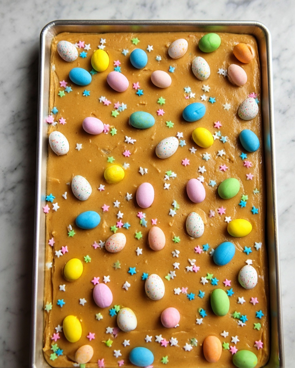 A rectangular baking tray filled with one thick layer of smooth, light brown batter spread evenly. On top of the batter, there are many small, egg-shaped candies placed in scattered rows, showing colors of yellow, blue, green, pink, white, and speckled patterns. Around these candies, tiny pastel-colored star-shaped sprinkles in pink, green, yellow, white, blue, and orange are lightly scattered across the surface. The tray is on a white marbled texture background. Photo taken with an iphone --ar 4:5 --v 7