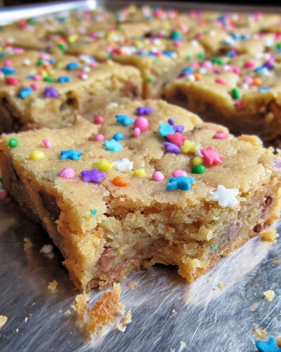 A close-up view of a thick square cookie bar with a rough and cracked light golden brown surface sprinkled with colorful star and round sprinkles scattered on top. The inside is a soft, dense, and chewy texture showing some bits of chocolate chips. The cookie bar sits on a shiny metal tray with some crumb bits around it. Photo taken with an iphone --ar 4:5 --v 7