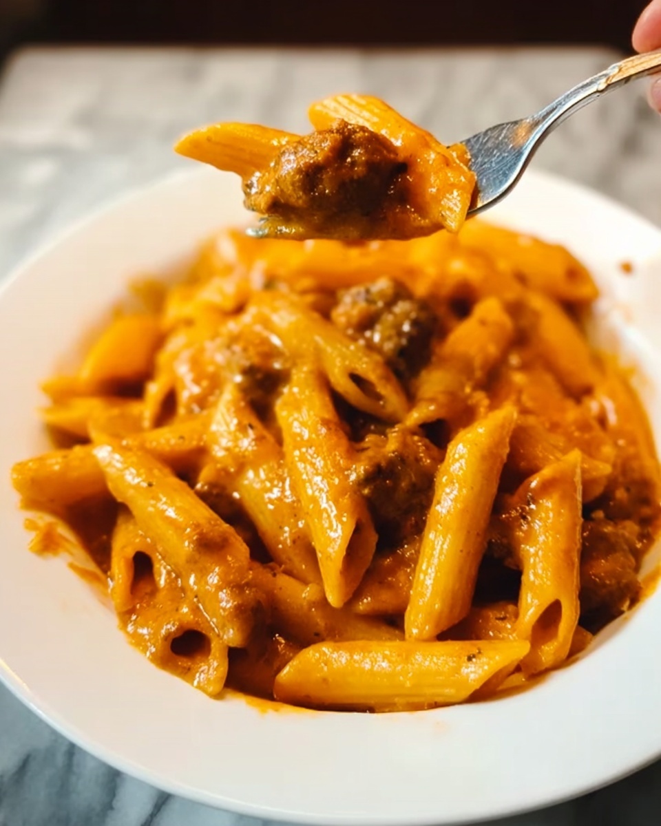 A close-up of a white bowl filled with penne pasta coated in a thick, orange-colored sauce. The sauce covers the pasta evenly and contains small, round pieces of brown meat. A fork, held by a woman's hand, lifts a forkful of pasta and meat above the bowl. The background shows a white marbled surface. The lighting highlights the creamy texture of the sauce and the details of the pasta. photo taken with an iphone --ar 4:5 --v 7