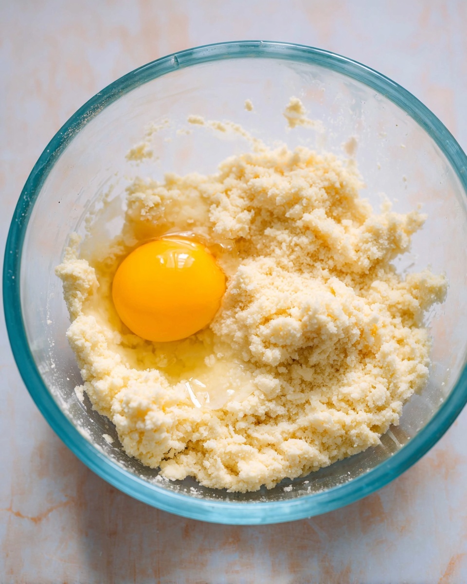 A clear glass bowl is filled with a pale, creamy mixture that looks soft and slightly crumbly, positioned on the right side of the bowl. On the left side, a single raw egg yolk rests bright yellow and smooth on the surface of the mixture. The bowl sits on a white marbled surface with soft natural light highlighting the textures inside the bowl, showing the contrast between the juicy egg yolk and the pale solid mixture. photo taken with an iphone --ar 4:5 --v 7