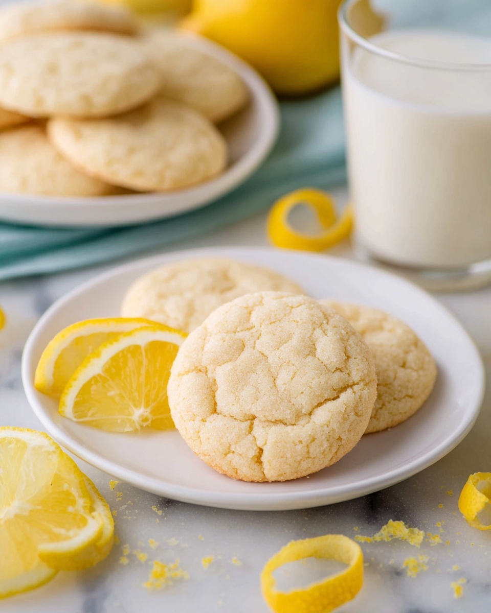 The image shows a small white plate with three pale yellow cookies that have a soft, slightly cracked texture on top. Two thin, bright yellow lemon slices are placed on the left side of the cookies, adding a fresh, citrus touch. Behind this plate, there is another white plate filled with more cookies, blurred but similar in texture and color. To the right, a clear glass of white milk is visible. The whole scene rests on a white marbled surface, with some bright yellow lemon peel curls scattered around, creating a fresh and clean look. photo taken with an iphone --ar 4:5 --v 7