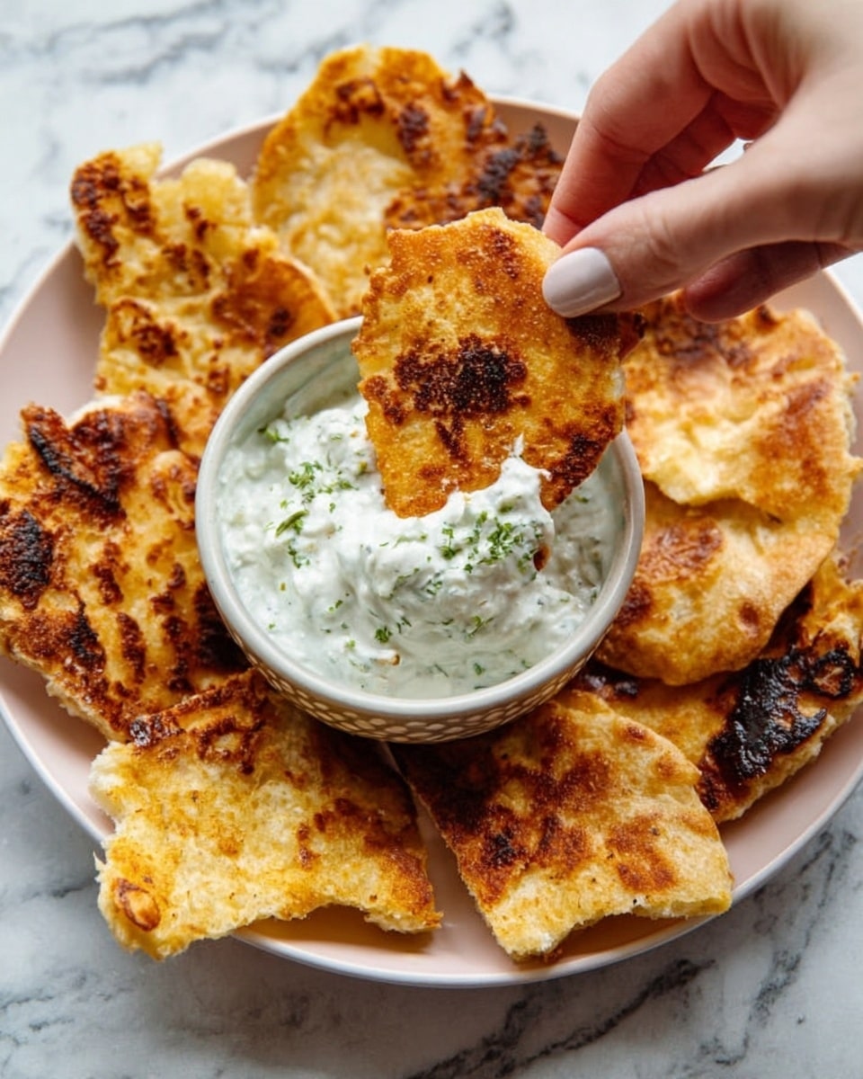 A white plate with a white marbled surface underneath holds several uneven, golden-brown flatbread pieces arranged around a small bowl containing creamy white dip sprinkled with green herbs. A woman's hand holds one flatbread piece dipped in the creamy dip, positioned above the bowl. The flatbread pieces have a crisp and slightly toasted texture with some darker brown spots. The overall scene is bright and clear with an inviting look. Photo taken with an iphone --ar 4:5 --v 7