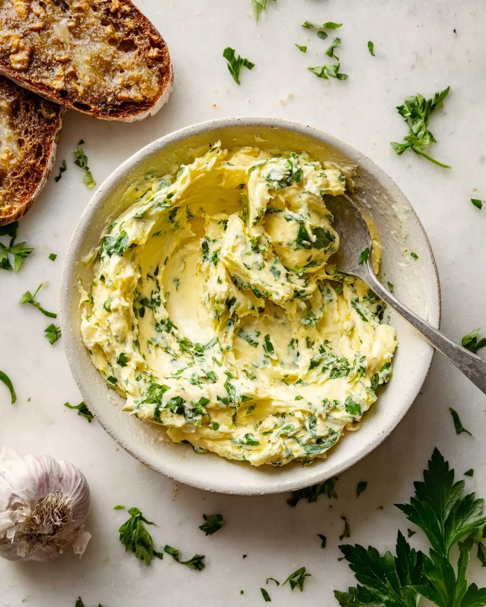 A white bowl filled with a creamy yellow mixture speckled with green herbs, appearing soft and whipped with small fluffy folds all over. A silver spoon rests inside the bowl, partially covered by the mixture. Around the bowl, flat green parsley leaves are scattered on a white marbled surface. To the top left, a piece of bread spread with a coarse brown topping is partly visible. At the bottom right corner, a bulb of garlic with papery skin is placed alongside a green leaf. photo taken with an iphone --ar 4:5 --v 7