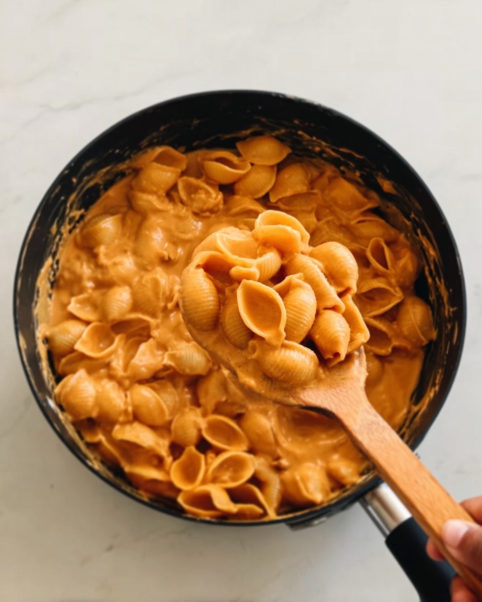 This image shows a black cooking pot filled with shell pasta covered in creamy orange sauce, steaming hot. A wooden spoon is lifting a scoop of the pasta from the pot, with the pasta shells closely packed and well coated in the sauce, showing a smooth and slightly shiny texture. The pot sits on a white marbled surface, and a woman's hand holds the wooden spoon from the right side of the frame. photo taken with an iphone --ar 4:5 --v 7