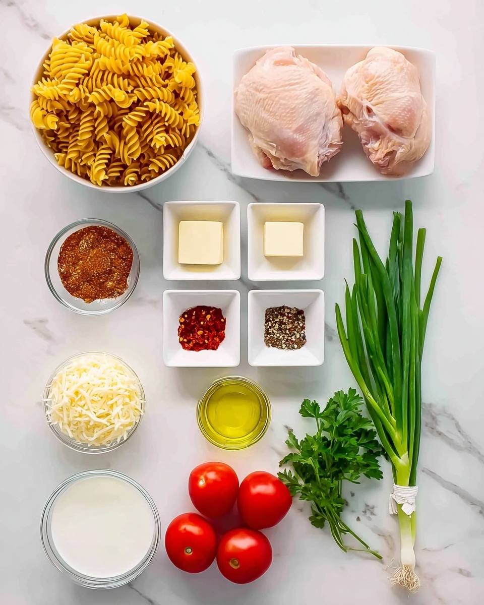 The image shows multiple ingredients arranged neatly on a white marbled surface. There is a bowl of uncooked yellow spiral pasta at the top left and a bowl with two raw chicken pieces next to it on the right. Below the pasta, there are four small white square dishes containing, from left to right, a block of butter, red chili flakes, a reddish-brown spice, and black pepper. Below the chicken, slightly to the right, there are two ripe red tomatoes and a bunch of green onions tied together with a white string. Below the tomatoes and onions, there is a clear glass container with light yellow oil and a small bowl of shredded white cheese next to some fresh green parsley. At the bottom left, a small glass container holds white cream. The arrangement is clean and bright, with all items clearly visible. Photo taken with an iphone --ar 4:5 --v 7