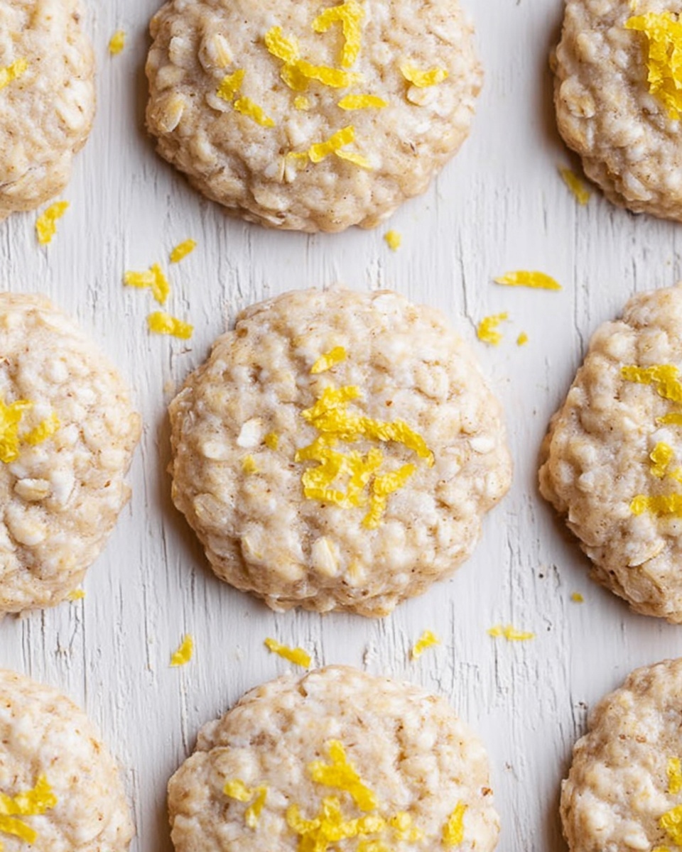The image shows several round cookies arranged in rows on a white marbled textured surface. Each cookie has a pale beige color with a slightly rough and chunky texture, with visible small oats or flakes inside. On top of each cookie, there are small yellow flakes sprinkled evenly, adding a bright contrast to the light color of the cookie. The cookies look soft and have a simple, natural appearance. photo taken with an iphone --ar 4:5 --v 7