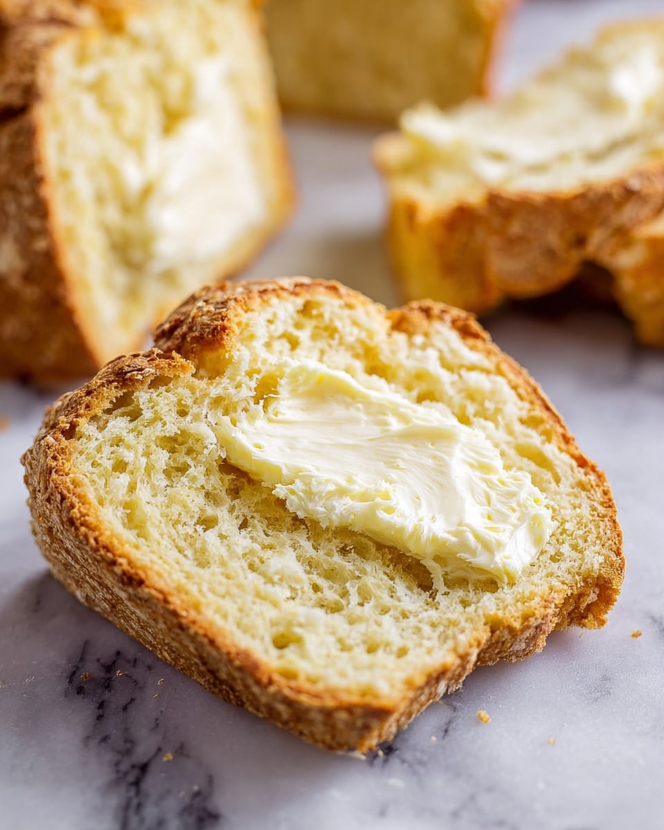 A close-up view of a slice of light golden-brown bread with a rough crust layer on the outside. The bread slice has a soft, slightly crumbly pale yellow inside with a thick spread of melting creamy butter layer on the top center. In the background, more slices and a chunk of similar bread are placed on a white marbled surface, showing a textured and airy interior with a golden crust. Photo taken with an iphone --ar 4:5 --v 7