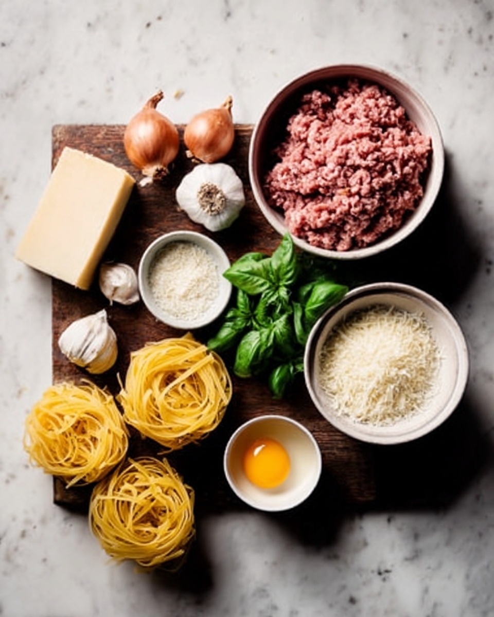 A wooden table with neatly arranged ingredients for cooking, featuring two small shallots and three garlic bulbs at the top center. To the right, there is a large white bowl filled with raw ground meat. Below the meat, a small white bowl contains finely grated cheese. Near the center, fresh green basil leaves spread slightly. On the left side, a block of hard cheese sits next to a small white bowl with an egg yolk and a small empty white bowl. At the bottom left, yellow pasta nests arranged closely together. All items are set on a white marbled surface photo taken with an iphone --ar 4:5 --v 7