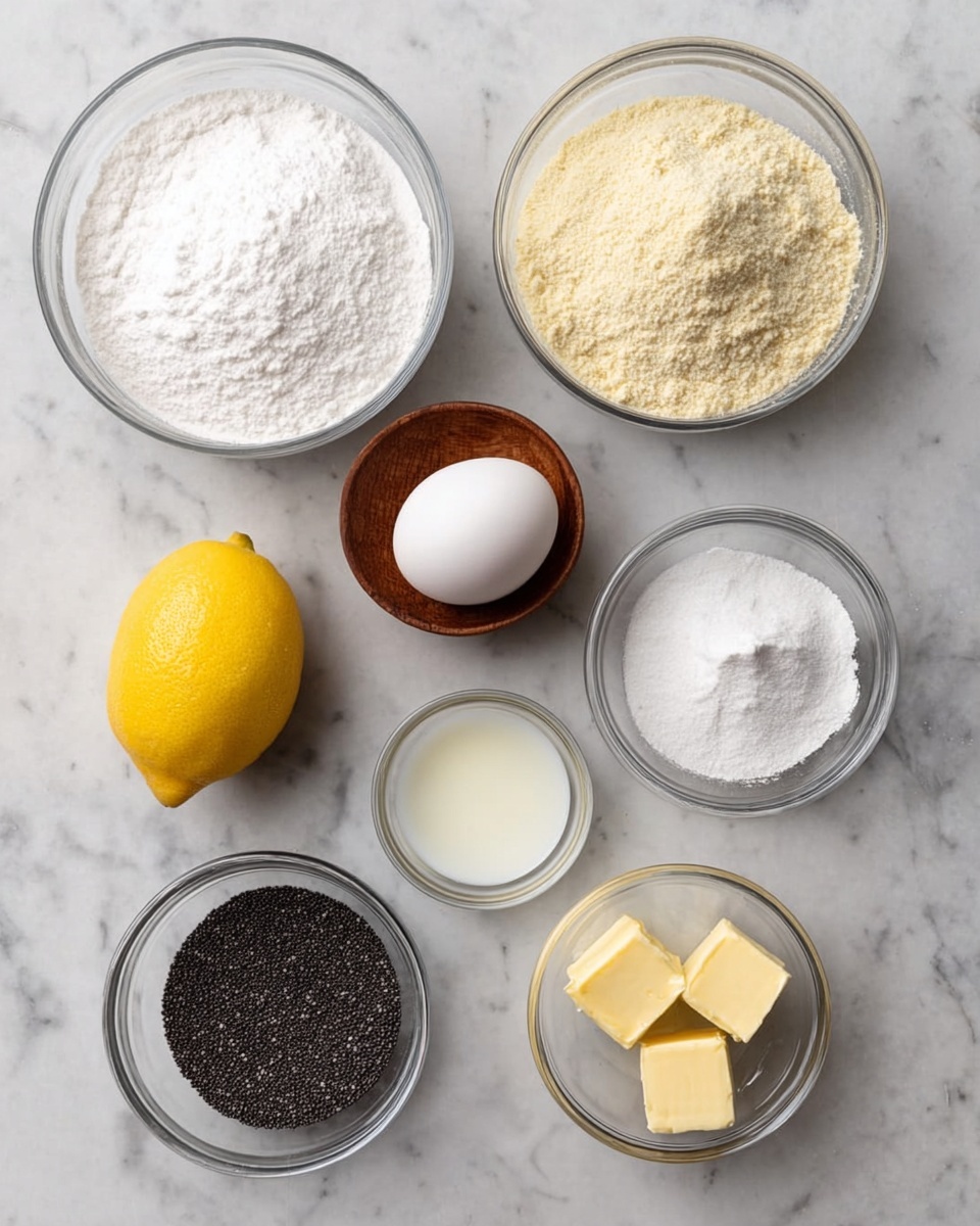 The image shows nine small bowls and one lemon arranged neatly on a white marbled surface. At the top left is a large clear glass bowl filled with white powdered sugar, next to it on the right is a similar size bowl filled with light beige almond flour. Below those, from left to right, are a small round wooden bowl holding one white egg, a small clear bowl filled with white granulated sugar, and another small clear bowl with a white liquid. Below these is a whole bright yellow lemon on the left, a small clear bowl filled with black poppy seeds in the center, and a medium clear bowl with egg whites that have some thick parts floating inside on the right. At the bottom right corner, there is a small clear bowl with two small pieces of pale yellow butter. Photo taken with an iphone --ar 4:5 --v 7
