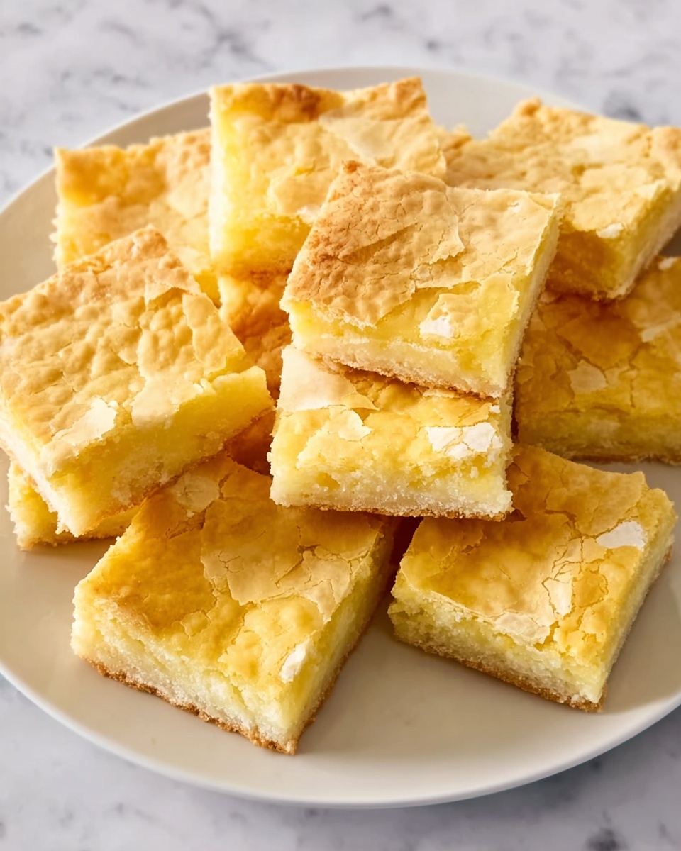 The image shows several square pieces of a light golden yellow dessert with a slightly shiny and cracked top layer arranged casually on a white plate placed on a white marbled surface. Each piece has two visible layers: the top layer is thin, golden, and slightly crisp with cracks, while the bottom layer is thicker and has a soft, moist texture with a pale yellow color. The pieces have uneven edges but are neatly stacked close to each other, filling the plate. photo taken with an iphone --ar 4:5 --v 7