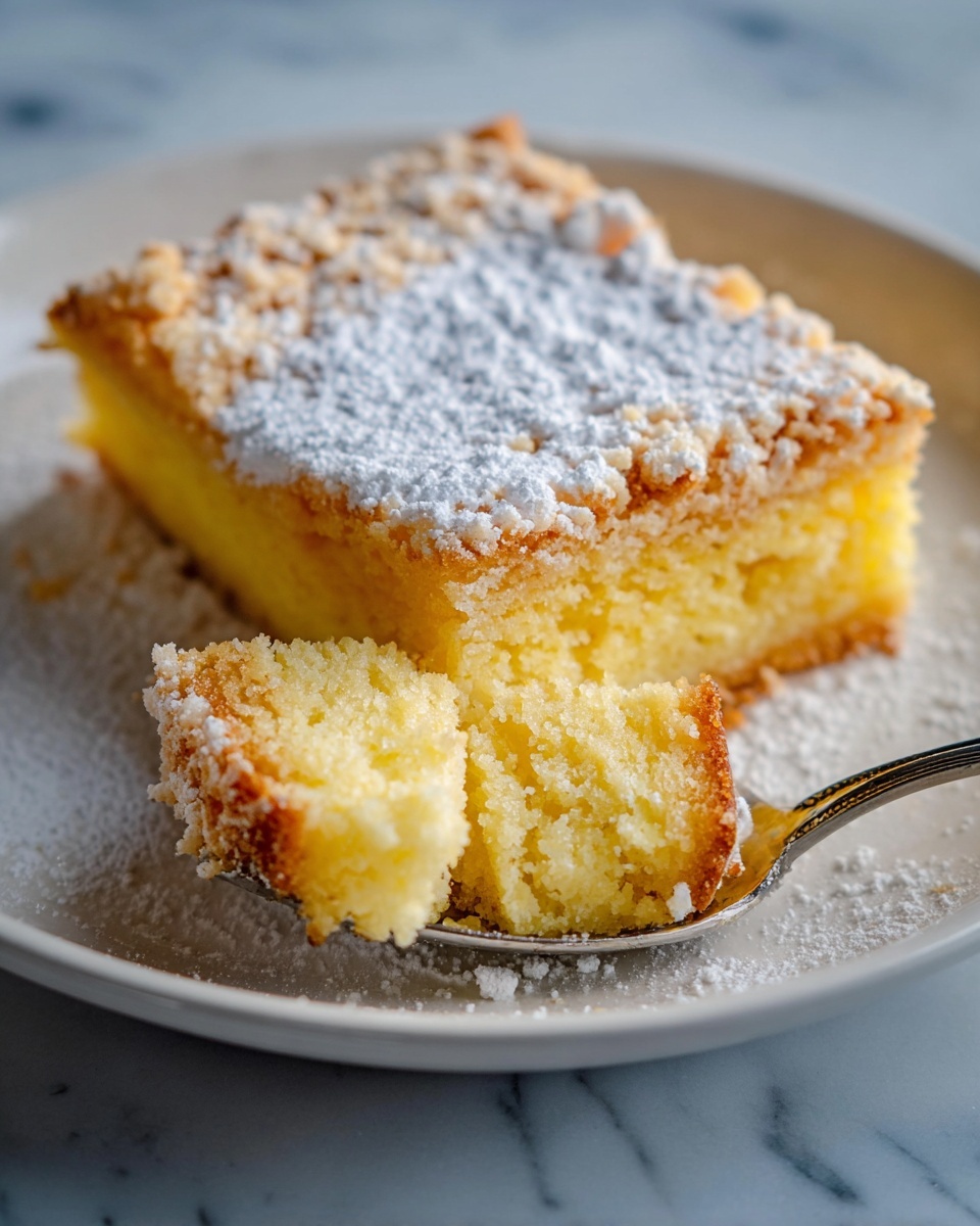 A square piece of yellow cake with a crumbly top layer sits on a white plate, with a dusting of white powdered sugar covering the top. The cake has two visible layers: a denser, moist yellow lower layer and a crumbly, golden-brown upper layer with a soft texture. A piece of the cake is lifted on a silver spoon in the foreground showing the moist inside texture and buttery crumbs. The plate is placed on a white marbled surface. photo taken with an iphone --ar 4:5 --v 7