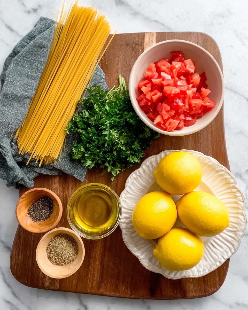 The image shows a wooden board on a white marbled surface. On the left, there is a gray cloth bag holding uncooked spaghetti standing upright. In the center top, there is a white bowl filled with bright red chopped tomatoes. To the right, fresh green parsley rests on the board. On the bottom left, there is a small wooden bowl with light brown and black spices. Next to it is a small clear glass bowl containing golden liquid, likely olive oil. To the right, a white plate with a detailed edge holds four bright yellow lemons. The photo taken with an iphone --ar 4:5 --v 7