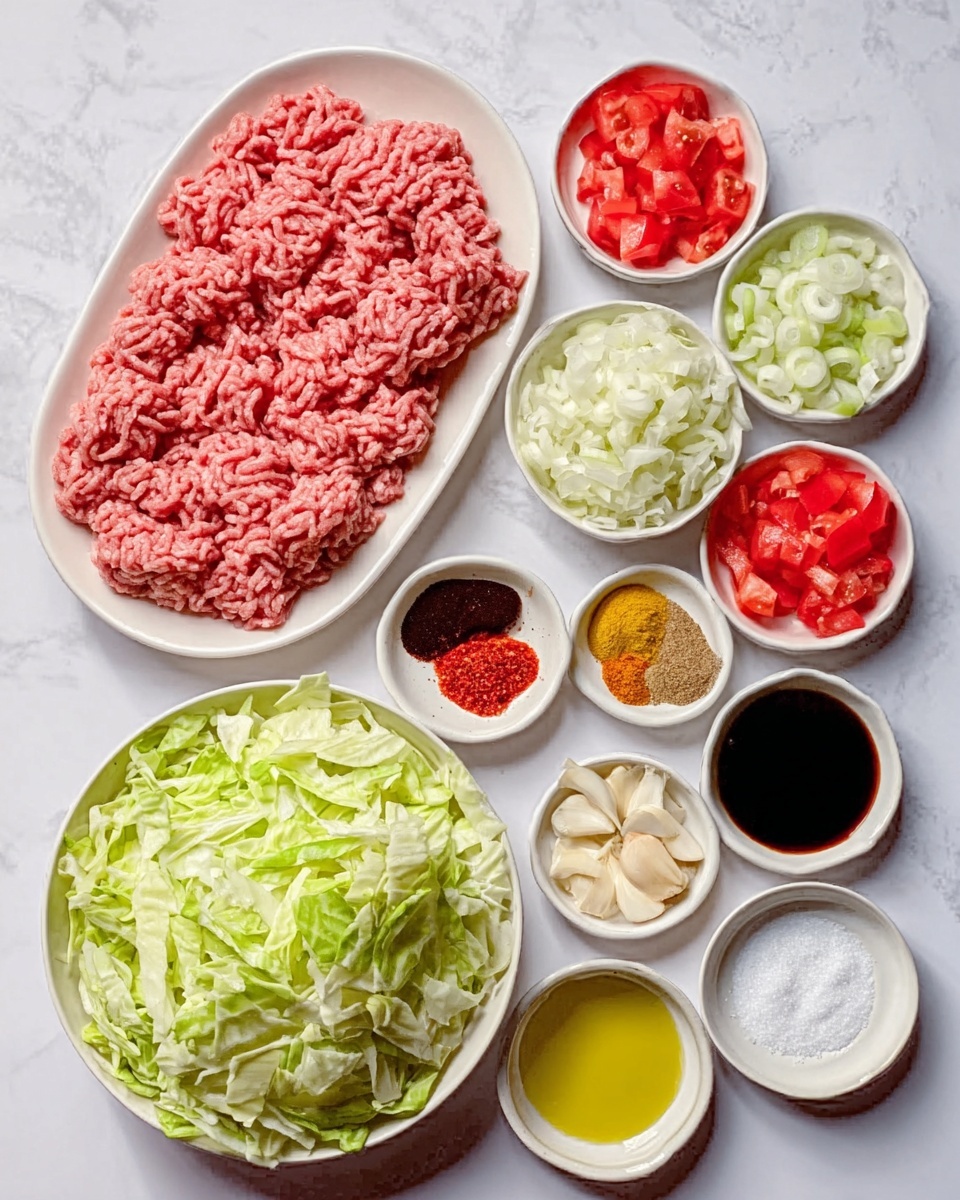 The image shows a white oval plate filled with pink raw ground meat on the left side. Surrounding the plate is an arrangement of small white bowls placed on a white marbled surface. The bowls contain a variety of ingredients: chopped white onions, finely chopped green cabbage in a large bowl at the bottom, a bowl with diced bright red tomatoes, dark soy sauce, light golden oil, ground spices in red, yellow, and reddish-brown colors, fresh sliced garlic, and a small amount of red chili paste. There is a white bowl with a small amount of salt as well. The colors range from the pink of the meat, bright greens, reds, deep browns, and golden yellows, all clearly separated for easy identification. The photo is taken with an iphone --ar 4:5 --v 7