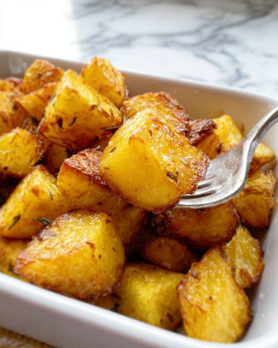 This image shows a white rectangular dish filled with golden brown fried potatoes. Each potato piece is chunky with a crispy outer layer and soft inner texture visible. A silver fork lifts a few pieces of potatoes from the dish. The surface beneath the dish has a white marbled texture. photo taken with an iphone --ar 4:5 --v 7