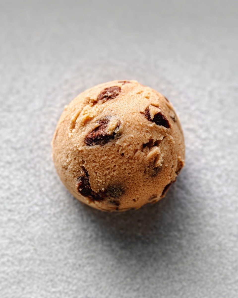 The image shows a single round cookie dough ball placed on a light gray surface. The dough is light brown in color with darker brown chocolate chips visible on the surface. The dough ball looks soft and slightly rough in texture with small lumps of chips inside. There are no other objects or decorations in the image, focusing fully on the cookie dough ball. Photo taken with an iphone --ar 4:5 --v 7
