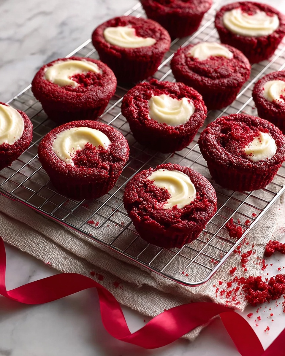 There are twelve round red velvet cupcakes on a metal cooling rack, each cupcake showing a thick white cream cheese layer inside, partially visible on top. The cupcakes have a soft, crumbly texture with deep red color, and small crumbs are scattered on a beige cloth beneath the rack. A red satin ribbon lies loosely on the cloth, adding a bright red accent to the scene. The whole setup is on a white marbled surface, giving a clean and light background. The photo taken with an iphone --ar 4:5 --v 7